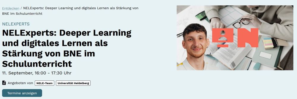 Screenshot der NELExperts-Veranstaltungsseite mit dem Titel "NELExperts: Deeper Learning und digitales Lernen als Stärkung von BNE im Schulunterricht" mit Veranstaltungsdetails und Bild des Referenten.