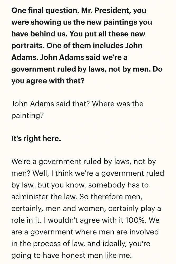 Picture of last question in Time interview on John Adams quote and the rule of law v man. Trump chooses rule of man (himself)