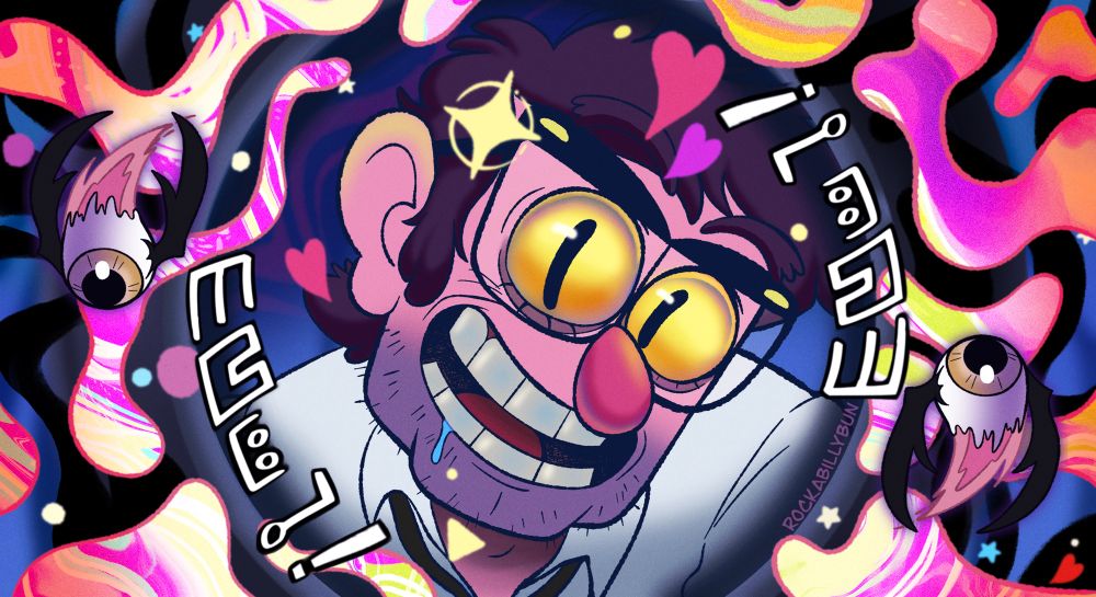 Drawing of Ford Pines, clearly possessed by Bill, as seen through a peephole. He is looking through the peephole and drooling with a big disturbing smile. The lava-lamp-esque blobs of colors around him are reminiscent of the colors inside of the rift during Weirdmageddon: lots of pinks, yellows, purples, and some greens and blues swirling around. The Cipher font text surrounding Bill translates to "MWAH!" A pair of eyeballs also fly around the canvas.