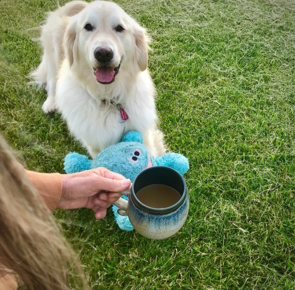 Sampson laying in grass looking happy with his friend Mr. B. Mom is holding a cup of coffee in a turquoise mug.