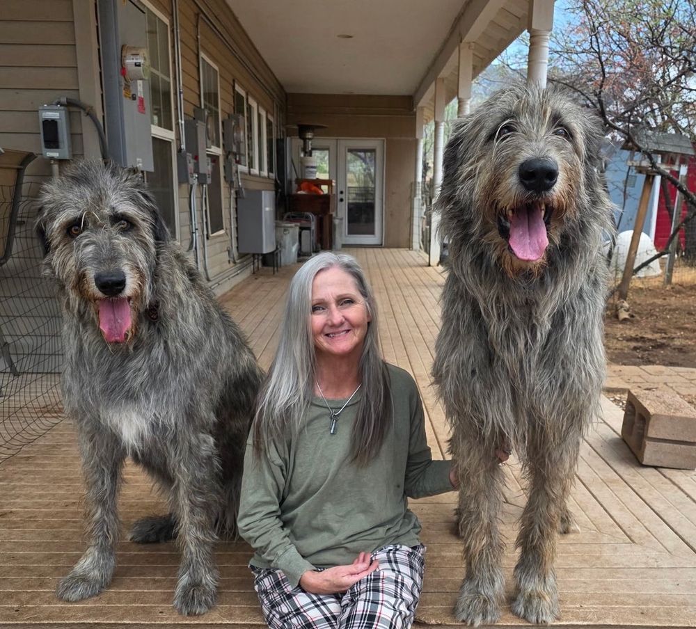 Mom, a woman with long gray hair wearing pajamas is sitting casually on a porch and smiling. She has one hand on the leg of a gigantic Irish Wolfhound, Aragorn,  to her right, and on her left is another very large Irish Wolfhound, Eowyn.