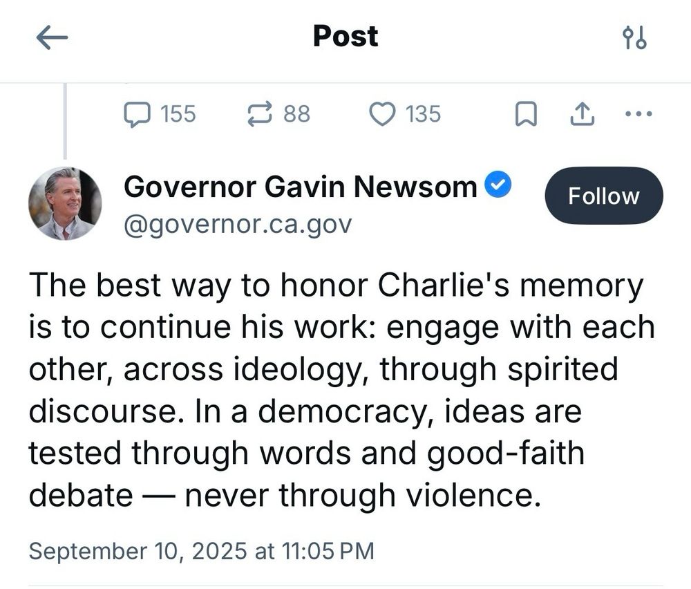 Gavin Newsom sez “the best way to honor Charlie’s memory is to continue his work” and some other shit you don’t want to know. 