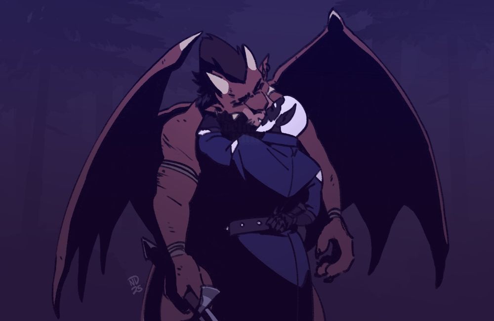 A dragon-gargoyle hybrid being pulled in for a kiss by a drow vampire