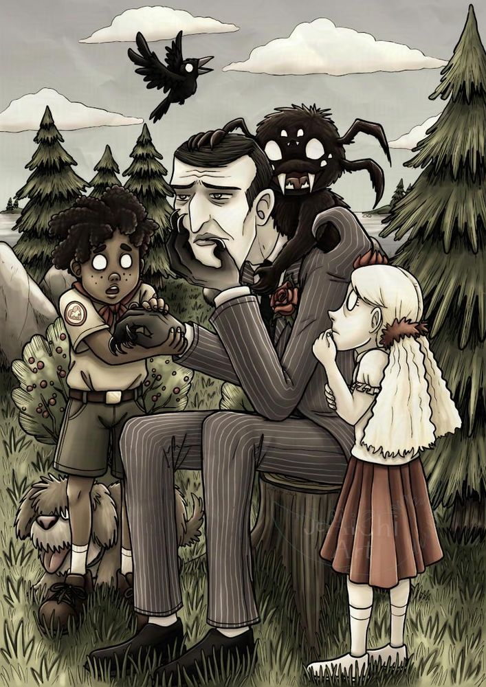 An illustration of Maxwell from Don't Starve Together sitting on a tree stump looking extremely tired as Walter, Wendy and Webber surround him. Walter is holding Maxwell's hand to study his monster claws and his expression is full of awe and wonder. Woby the dog is by Walter's side. Wendy is paying close attention to Maxwell's rose with a thoughtful expression on her face. And Webber has climbed on Maxwell's shoulders, looking perfectly happy and content to be close to him. There are pine trees and berry bushes in the background, and a single crow can be seen flying over them. 
