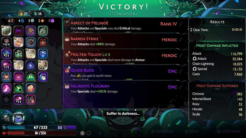 A screenshot from the Hades 2 post victory stat screen, detailing a very lucky combo of boons, extremely sloppy cheese build.