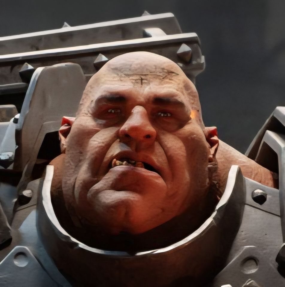 A closeup shot of the Ogryn's face. 