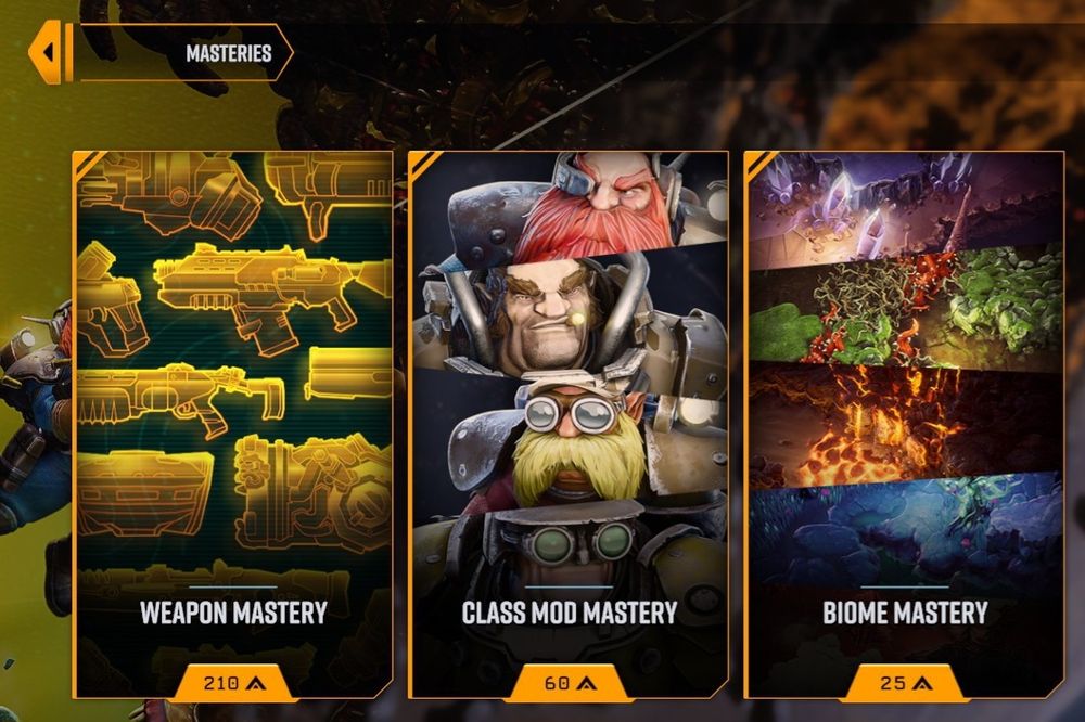 A screenshot snipping showing the Mastery Challenge screen in Deep Rock Galactic: Survivor with all Weapon, Class Mod, & Biome Mastery challenges completed.