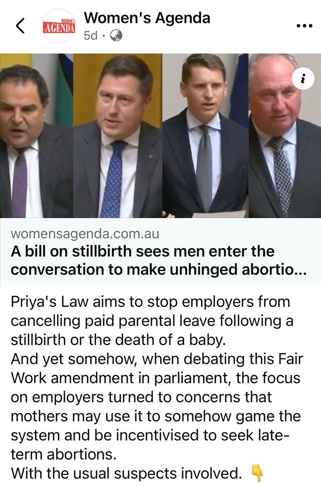 Photo of 4 men in suits Text: Priya's Law aims to stop employers from cancelling paid parental leave following a stillbirth or the death of a baby.
And yet somehow, when debating this Fair Work amendment in parliament, the focus on employers turned to concerns that mothers may use it to somehow game the system and be incentivised to seek late-term abortions.
With the usual suspects involved.