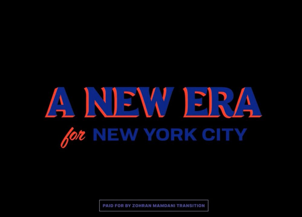 Campaign poster with black background, text in blue, shadow text in red