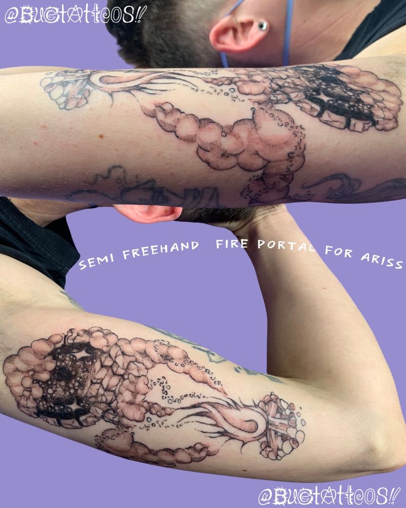 two photos of a tattoo cut out on a lavender background its on an innerarm of a bonfire with smoke that plumes up into a circular brick portal with stairs into it a black glistening void
