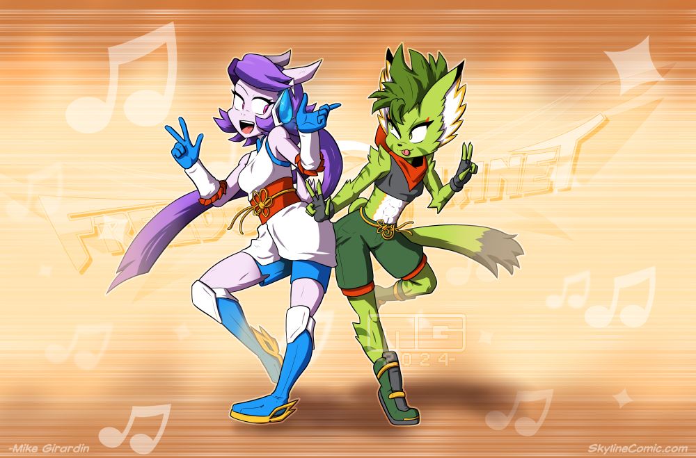 MyArt Sash Lilac and Carol Tea from Freedom Planet dancing, bumping their hips. A remake of my art from 2018. 