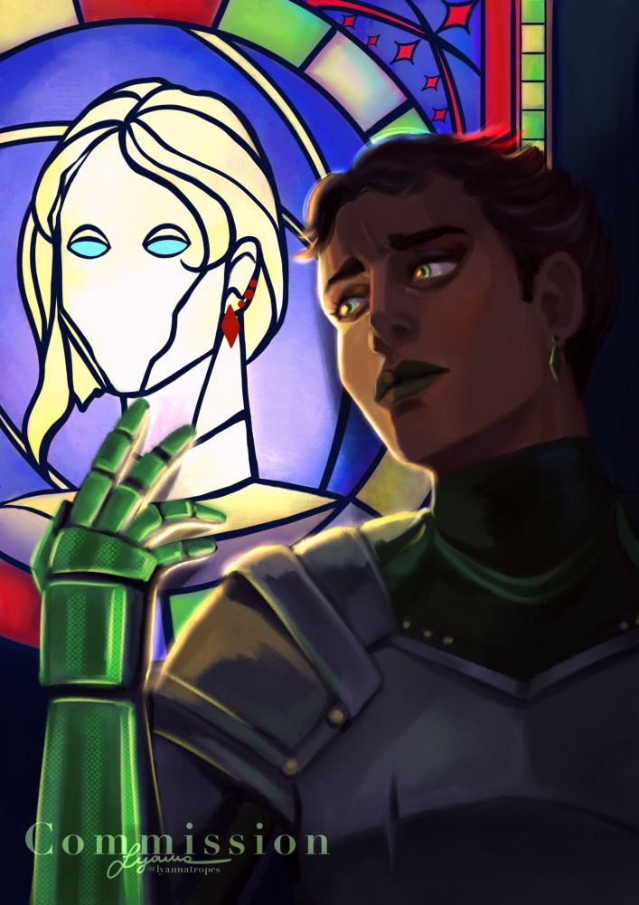 Hallona Warde- a dark-haired paladin with distinct green eyes- stares longingly at the stained-glass visage of a woman. Her hand curls up toward the pane, hoping to one day touch the face of the figure depicted.
