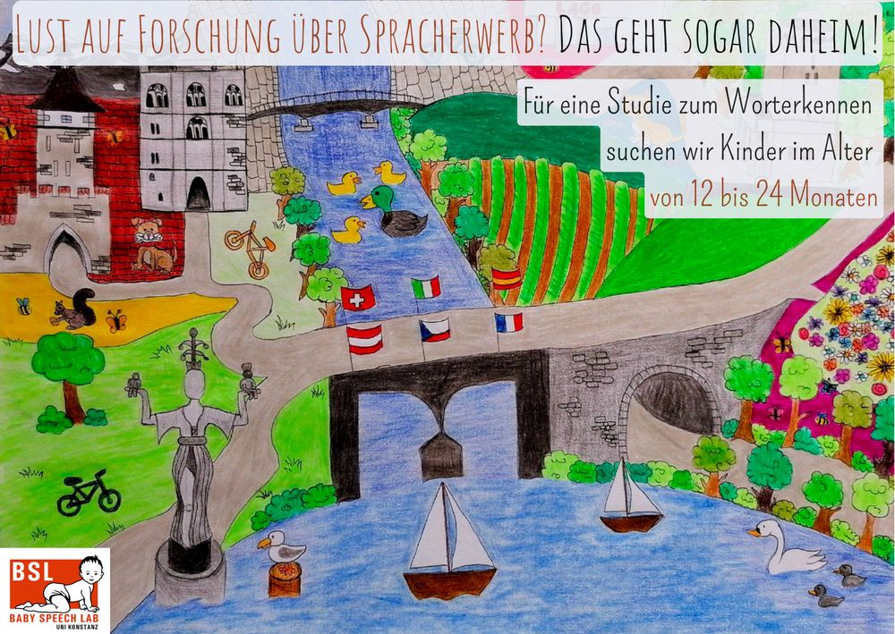 Vorderseite einer Postkarte mit bunt gezeichneten Merkmalen von Konstanz, zB. die Imperia und die Rheinbrücke. Links unten das Logo des Babysprachlabors.
Text: Lust auf Forschung über Spracherwerb? Das geht sogar daheim! Für eine Studie zum Worterkennen suchen wir Kinder im Alter von 12-24 Monaten.