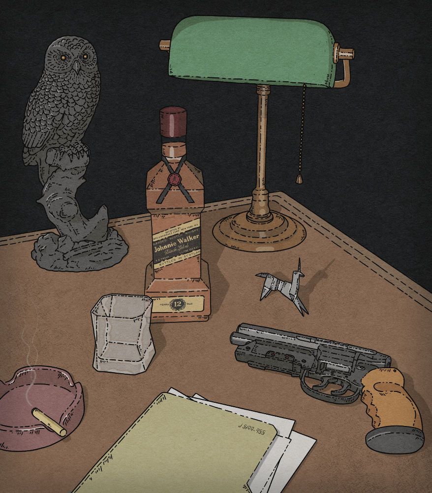 Blade Runner fan art drawn by me. Items from the movie, including Deckard's blaster and a futuristic bottle of Johnnie Walker, are scattered across a wooden desk.