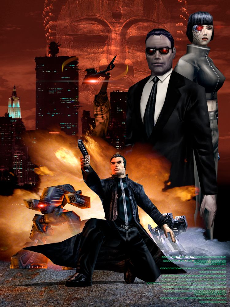 An action movie poster-style montage of imagery from Deus Ex. JC Denton poses with a gun, a corporate agent stands looking menacing, etc.