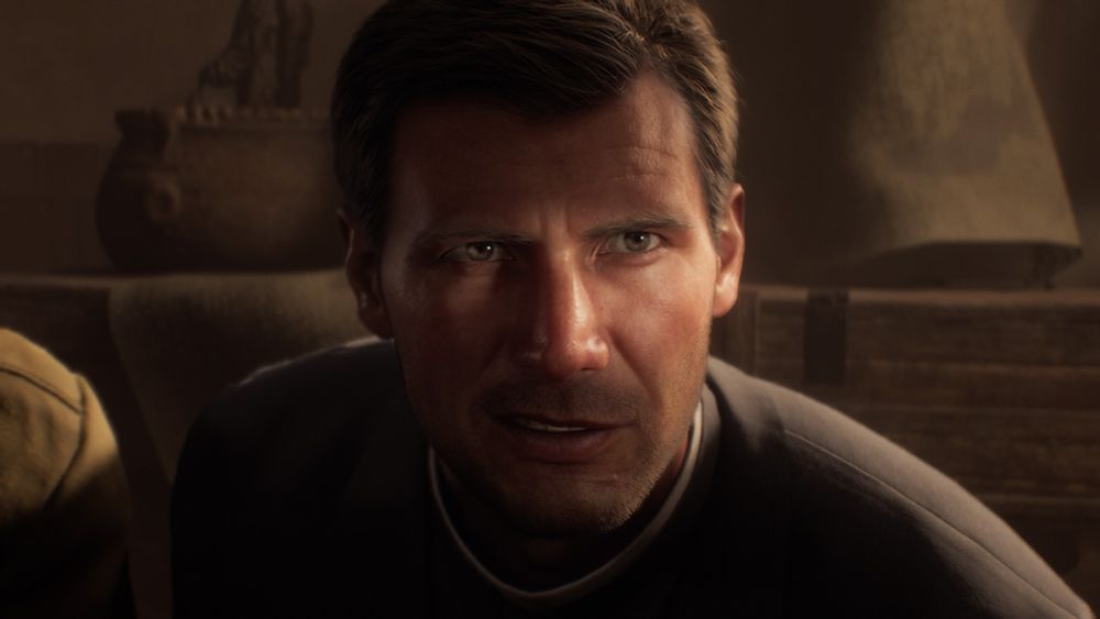 A screenshot from Indiana Jones and the Great Circle showing an example of classic Hollywood-inspired 'Shatner lighting' over Indy's eyes.