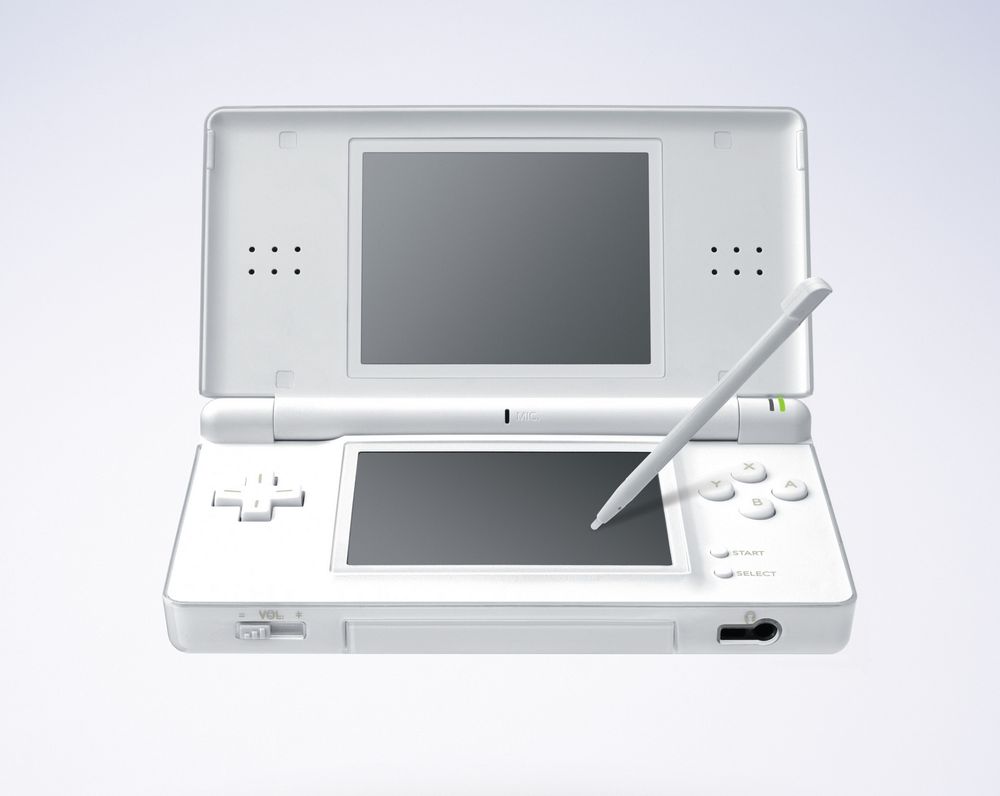 A white Nintendo DS lite with a stylus hovering over it.