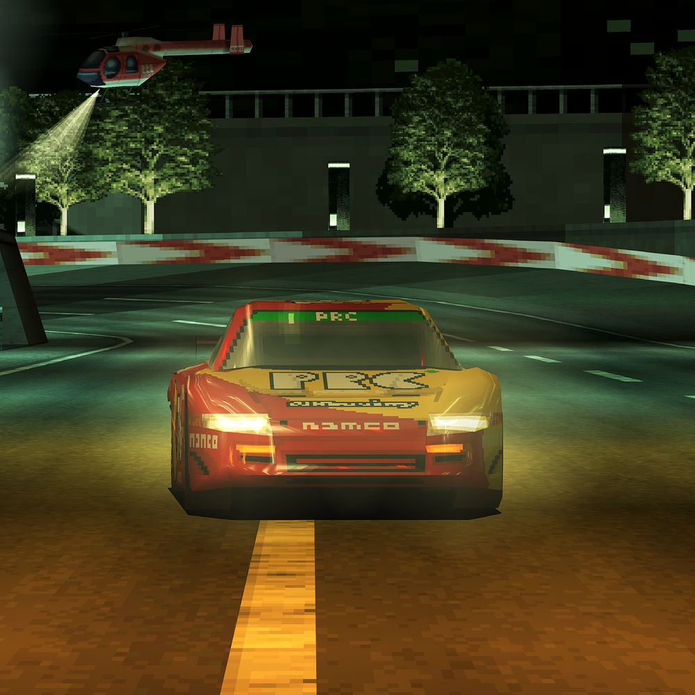 Ridge Racer Type 4 screenshot via DuckStation emulator. A car drives along a track at night as a helicopter flies past shining a spotlight.