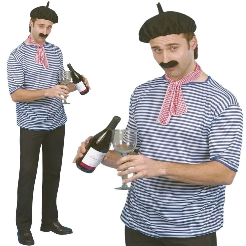 A moustache-sporting man is wearing a beret and a stripy t-shirt and drinking red wine.