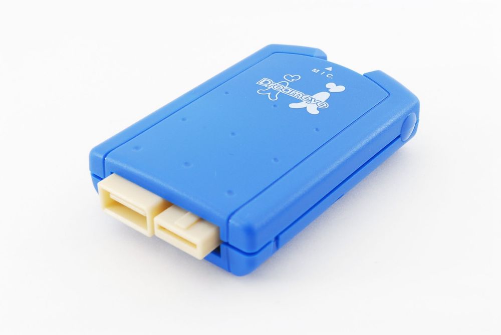 A three-quarter shot of a blue connector dongle.