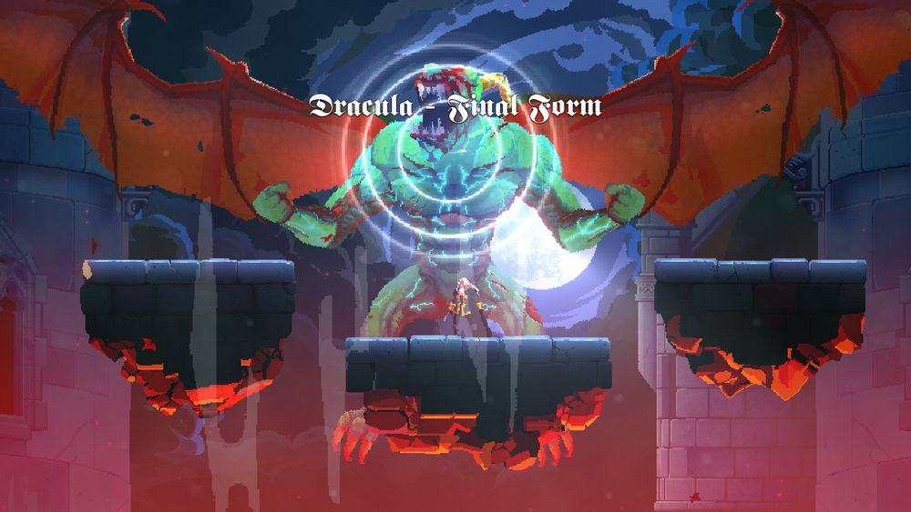 Screenshot of Dracula Final Form in Dead Cells and I'm wearing the Alucard outfit