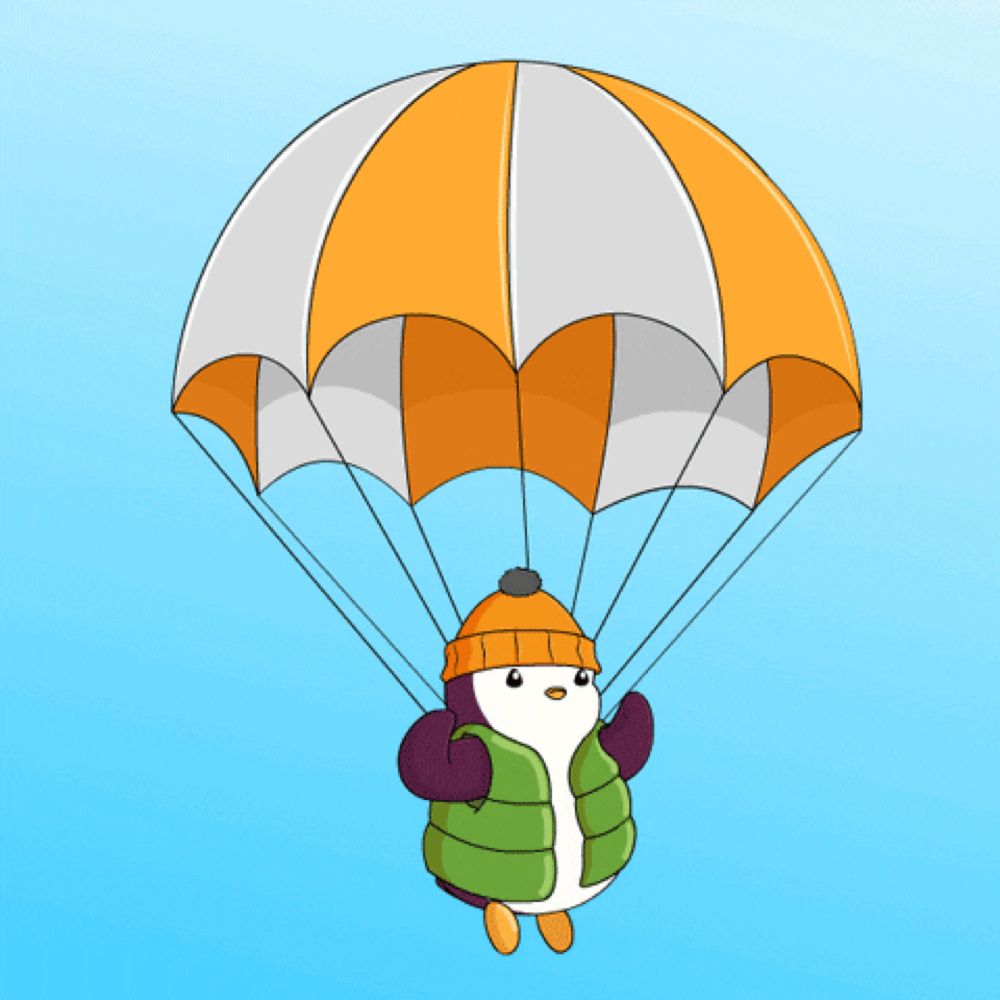 a cartoon penguin is flying through the air with a parachute