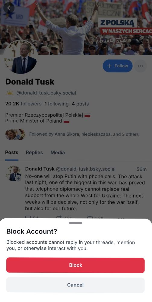 zrzut ekranu z aplikacji bluesky, komunikat "zablokować konto?", w tle profil @ donald-tusk.bsky.social