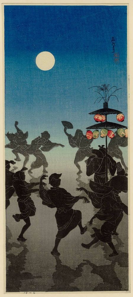 Woodblock print of silhouetted dancers in summer kimono.

Image thanks🙇‍♂️ - https://ukiyo-e.org