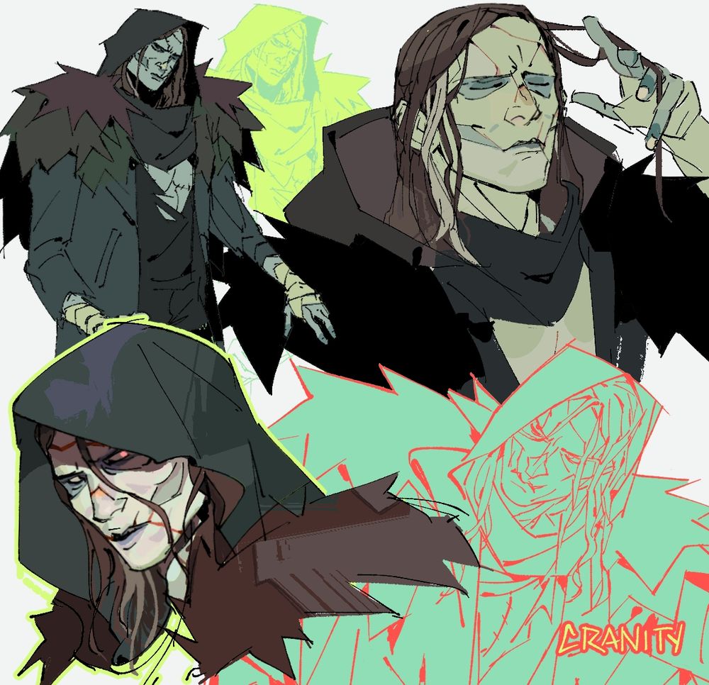 sketch page of the Creature from Guillermo Del Toro's Frankenstein. The top right sketch shows him standing tall with his head slightly tilted. On the top right is a bust sketch of the creature closing his eye's and brushing locks of his hair out of the way. The bottom left show's another bust of the creature peeking out from under his hood, his reflective eye glowing in the shadow. The bottom right sketch show's him hunched over and glancing warily off to the side.