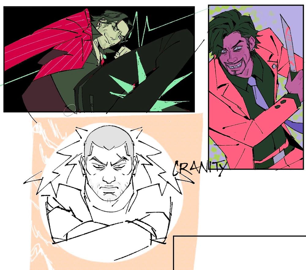 3 drawings on a digital canvas of Yakuza (game) series characters. On the top left Akiyama is shown with one knee high (the one visibly closest to the viewer), leg reared up as if to lash out in a kick. The arm on the same side is behind him to counter balance, with the other hand being tucked in a fist near his chest. He looks at the viewer smugly. On the right is a drawing of Nishitani hunched over as if stepping towards the viewer, arm crossed over his chest and holding up his dagger. He smiles maniacally. On the bottom left is a drawing of Saejima. He looks at the viewer sternly, arms crossed over his chest. The fur of his winter coat halos behind him.