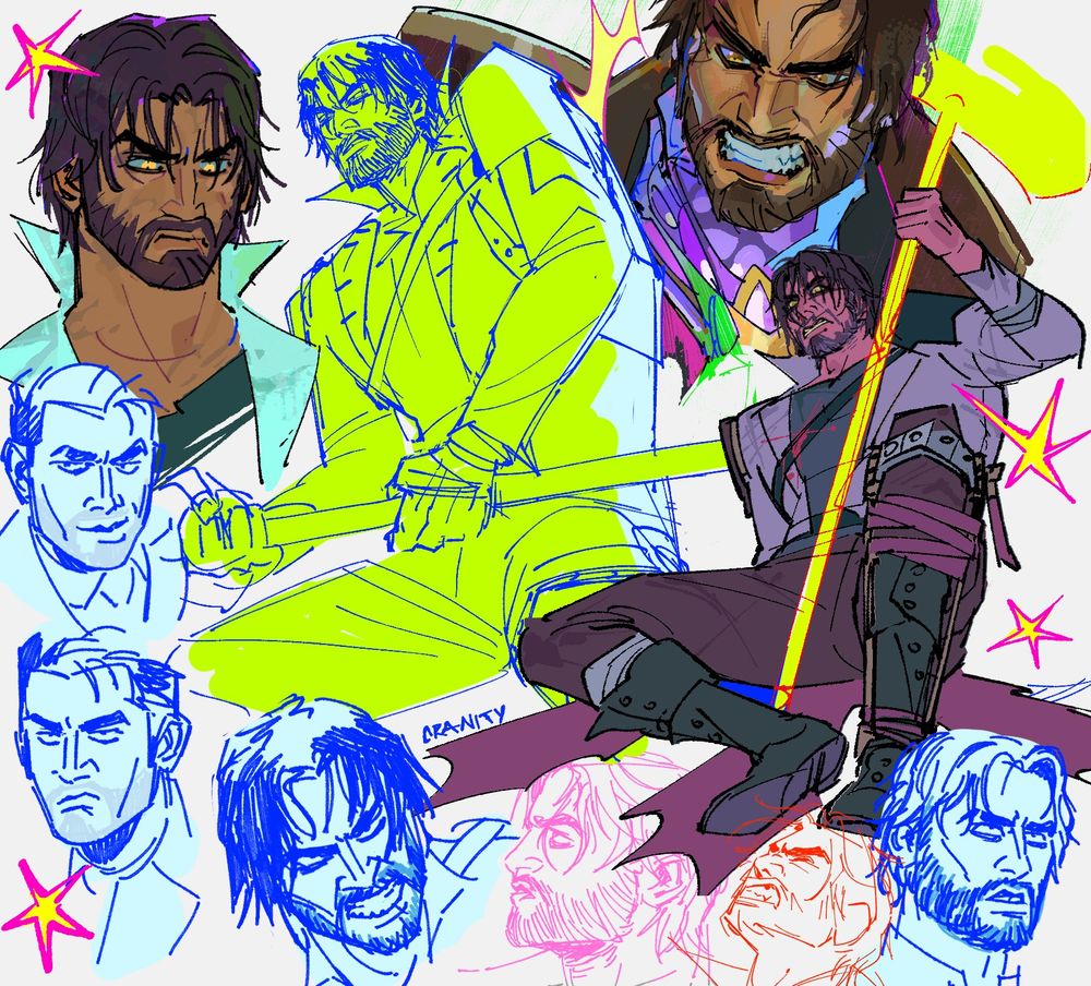 Drawings of Jayce from Arcane. In most of these he is disheveled with shaggy hair and a beard. The top left is a bust of him looking down at something with contempt, eyes glowing with ire. Next in the middle of the page is an almost full body sketch of him wielding his hammer, holding low near his torso and looking up at something with a scowl. behind that on the top right is a semi rendered bust of him being choked by Viktor, he's gritting his teeth and looking down. Under that is a fullbody sketch of Jayce sprawled on the floor, holding himself up with one hand behind him and using the handle of the hammer to haul himself upright. On the edges of the rest of the drawing are bust sketches of Jayce ranging from his golden clean shaven days to his frazzled unkempt future.
