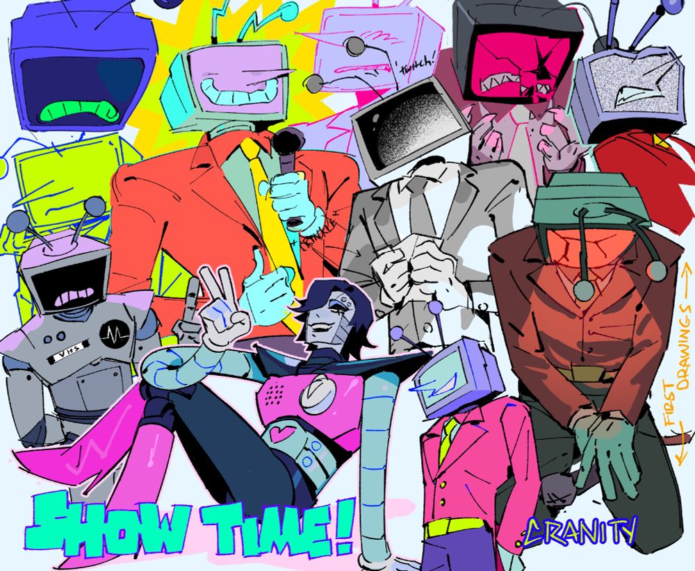 various drawings of Tenna from Deltarune. In the middle of the page are 4 halfbody drawings of him. the first is him without clothes, showing his robo parts which consist of solid metal planes and flexible corrugated joints. His screen is dark and he looks slightly uncomfortable. To the right he is clothed (lol) and stand ups tall and proud, beaming smile and holding up a mic. To the right His screen is dark and staticky, tilted to the side with his antennae twitching and crumpling cue cards in his hand. To the right he is slumped over on his knees, screen cracked and showing a solid red color. His screen shining onto his chest. Around him are several busts of him with mixed expression ranging from upset, annoyed and angry. One specific one has his screen cracked, fracturing his frown, clawed hands coming up to his face. There is a single drawing of Mettaton EX from Undertale leaning back onto one hand, his legs crossed in front of him and holding up a peace sign. 
