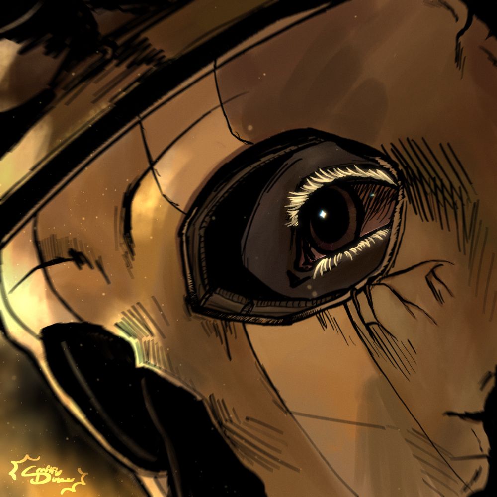 Close up image of the character Simon “Ghost” Riley from the game Call of Duty. The focus is on his left eye, which is closest to the camera as the other eyes is cast in complete black shadows by the skull mask; the shine in his eye is diamond shaped, and his blonde eyelashes almost seem to glow. The skull mask covering the rest of his face is softly lit by firelight. The illustration is in a painterly style, with thick lineart and crosshatching.