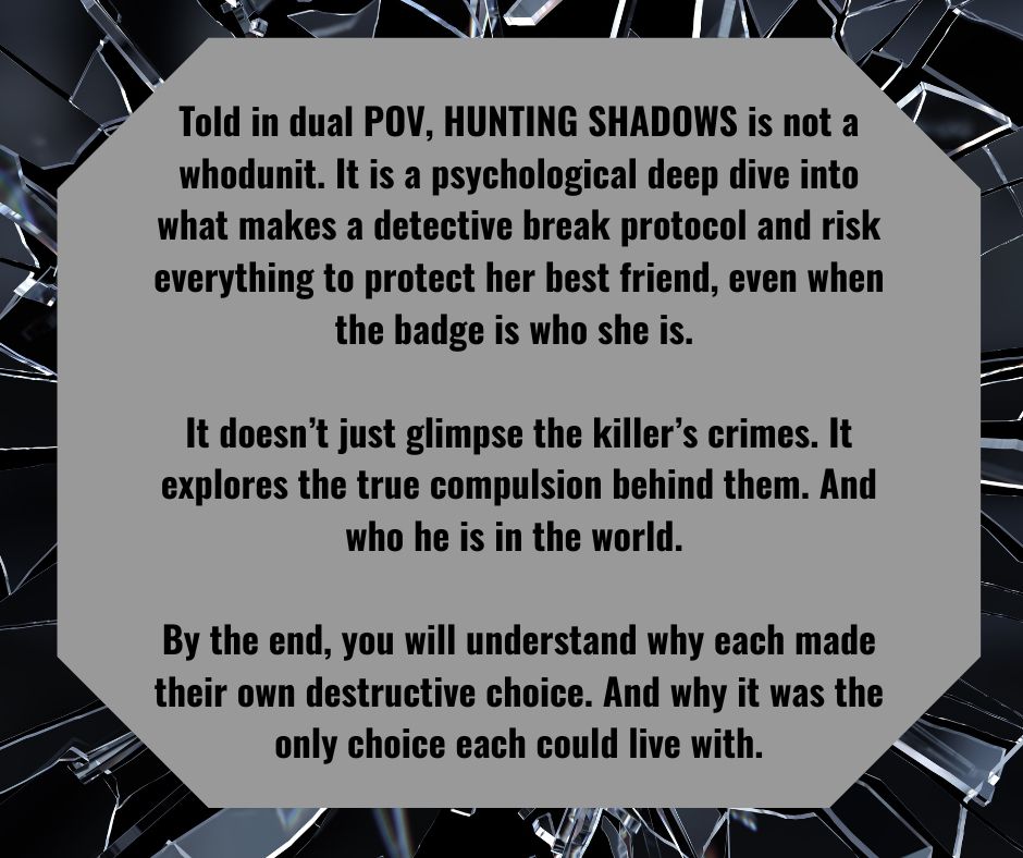 Shattered glass background with crime thriller pitch text