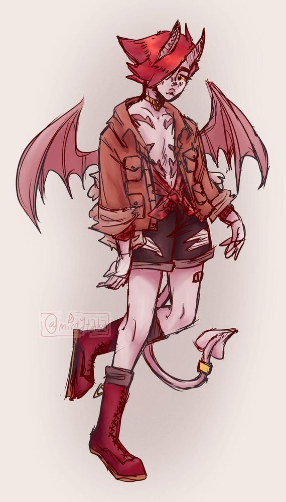 A red succubus with a golden heart choker, hiking boots, short shorts, and a jacket. Their short, bright red hair covers one eye. They have markings on their chest that look like a big heart, with lines where top surgery scars might be.