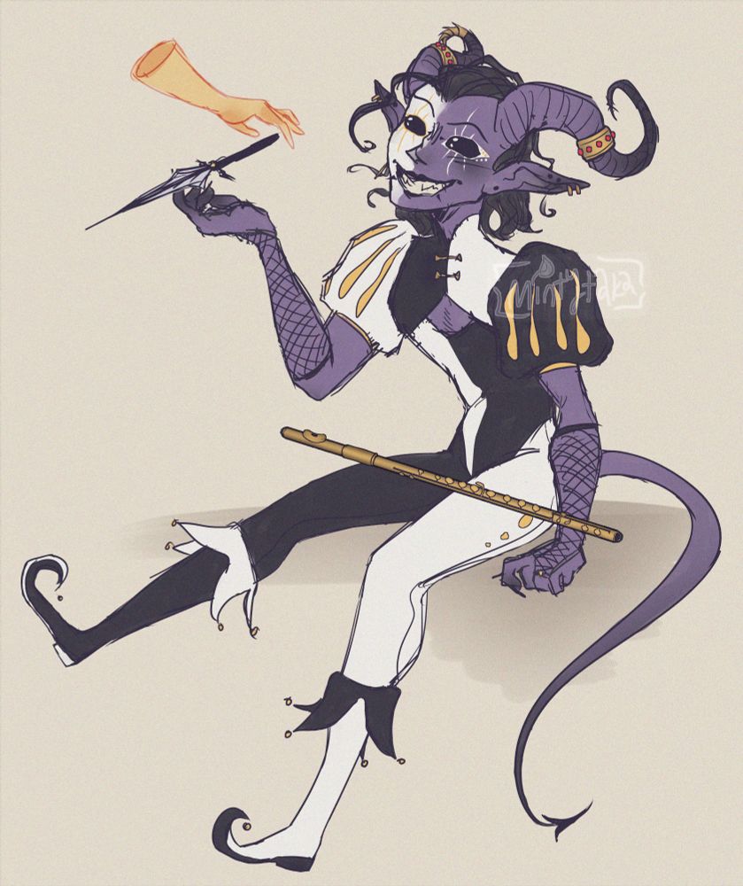 
‪MintyTaka‬ ‪@mintytaka.bsky.social‬
·
2h
Hello everyone! I’m a transmasc streamer looking to slowly reintroduce myself to the art scene. I work full-time, so this’ll be a bit of a side gig, but I won’t complain if it takes off! lol

Looking forward to meeting you all!💚




End of feed

Home
Search
1
Notifications
Chat
Feeds
Lists
Profile
Settings

New Post
Search
Getting started

Like 10 posts
Teach our algorithm what you like
Follow 7 accounts
Bluesky is better with friends!
Discover
Following
Mutuals
Art
More feeds
Feedback
·
Privacy
·
Terms
·
Help


A tiefling -- a humanoid demon with horns, pointy ears, scaly skin, and a tail -- with purple skin, black eyes, and several facial piercings. He's dressed in a leotard with leggings, boots with bells, fishnet gloves, and big, poofy sleeves. Half of his face is painted white, and his lips are painted black. His entire ensemble (including makeup) is alternating black and white, with gold accents to match the cuffs on his horns. He balances a brass flute in his lap and a silver dagger in his right hand. A golden phantom hand, as if conjured with the Mage Hand spell, is helping the dagger keep from falling. His hair falls just below his chin and is slicked back, but still somehow looks a little unruly. His hands have sharp, black claws, and his tail curls around the implied surface that he's sitting on. His fingertips, ears, horns, and tail fade to black.