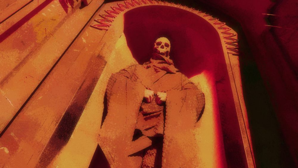 Digital painting of a spooky skeleton character in orange colors.