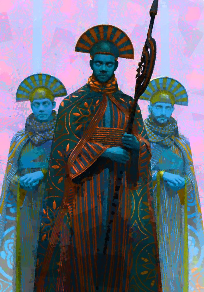Digital painting of three royal guards in a blue color palette.