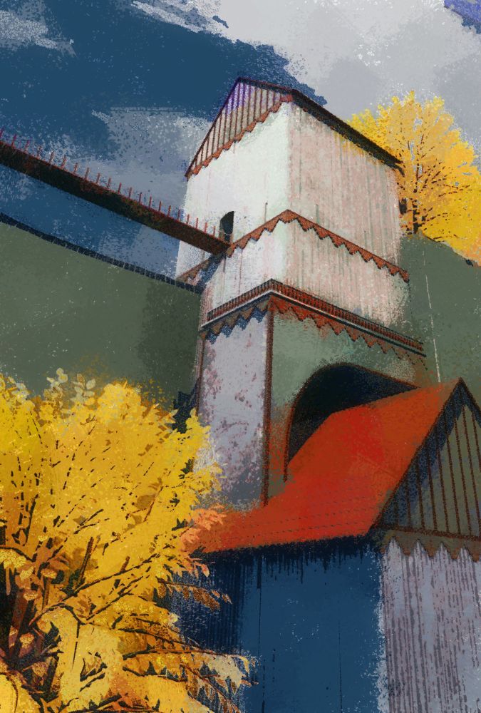Digital painting of a house with some trees on the side? I dont know what it is honestly, it's a sketch i didn't put much thought in. 