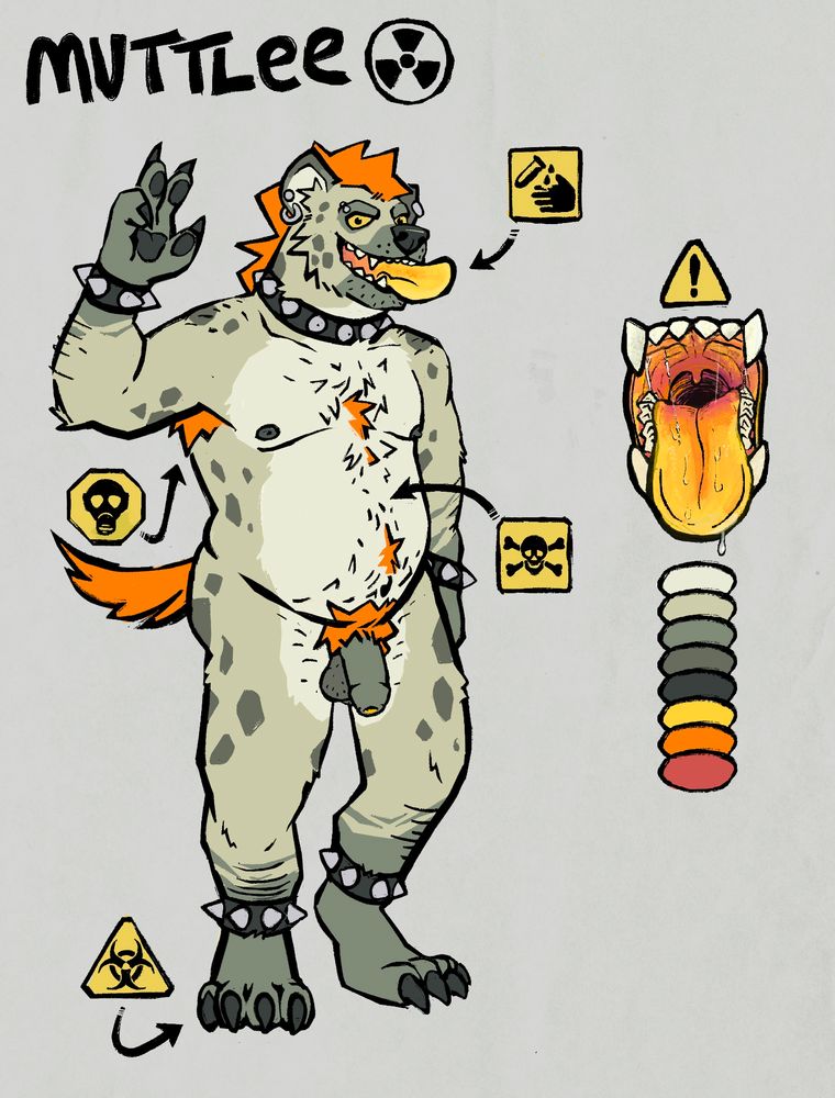 furry art ref of a scruffy hyena/yeen with a hairy belly and chest. wearing spiked collars and bracelets. A glowing yellow and orange tongue with a slobbering maw shot. He's labelled with various warning signs
