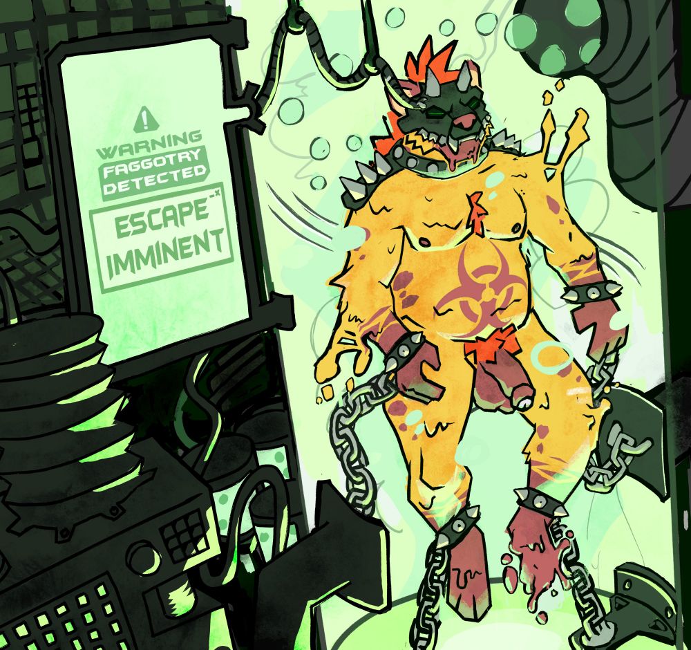 furry goo demon hyena in a test tube chained and subduced. biohazard symbol on belly, naked, with spiked collar and bands