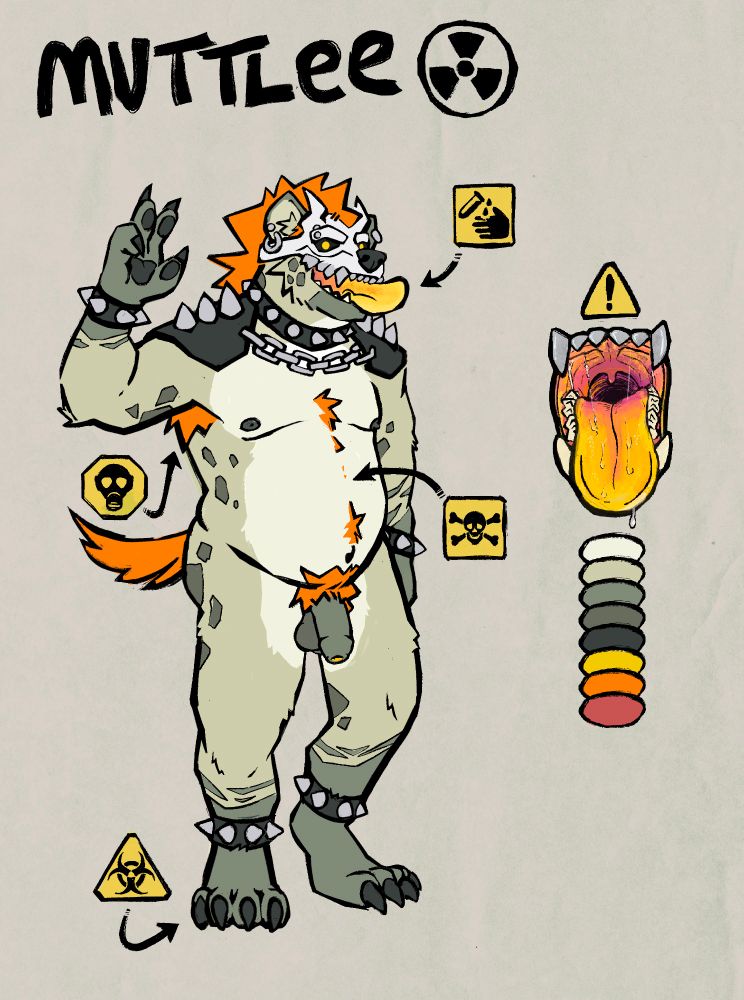 furry art reference sheet for a demon hyena sona. he has grey-green fur with bright orange hair and a growling orange and yellow mouth. hes wearing lots of spikes and chains. Has a skull face with demon eyes and hazard warning signs pointing to parts of his body