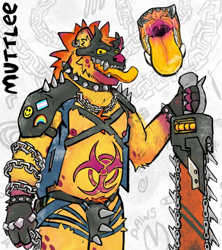 a colourful radioactive punk furry hyena with a chainsword wearing black armour with spikes. has a skull face with piercings and chains over his body. and a drooly yeen maw shot :3