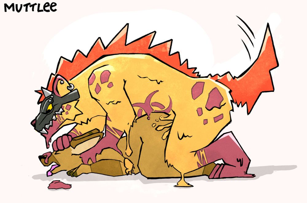 furry art depicting a goo hyena yeen with a black skull face mask and bio hazard belly fucking a furry brown kangaroo. holding him down with a paw on his head while goo is pouring down onto him