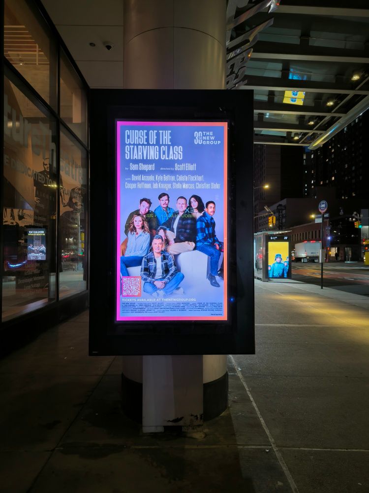 Poster of Curse of the Starving Class outside the signature theatre in New York by night.