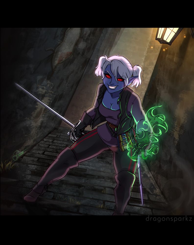 Commission art of a drow elf casting a spell and holding a sword art by dragonsparkz