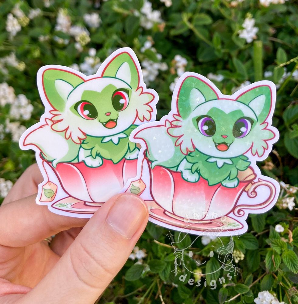 sprigatito in a teacup fanart sticker