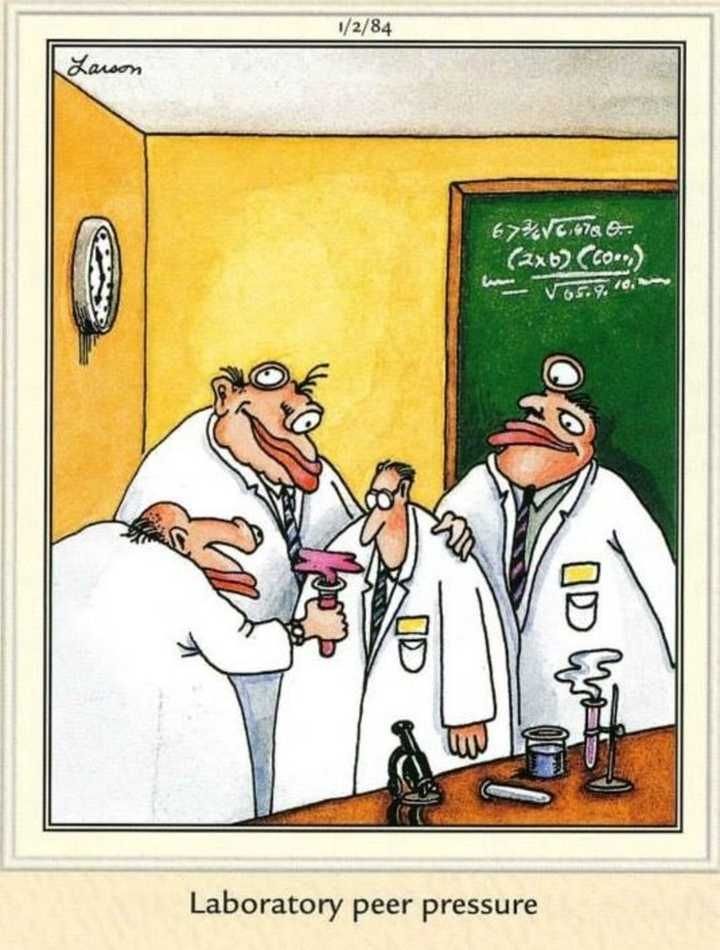 Far Side cartoon by Gary Larson showing mutated scientists pressuring one of their un-mutated peers to drink solution from test tube, entitled "Laboratory peer pressure"