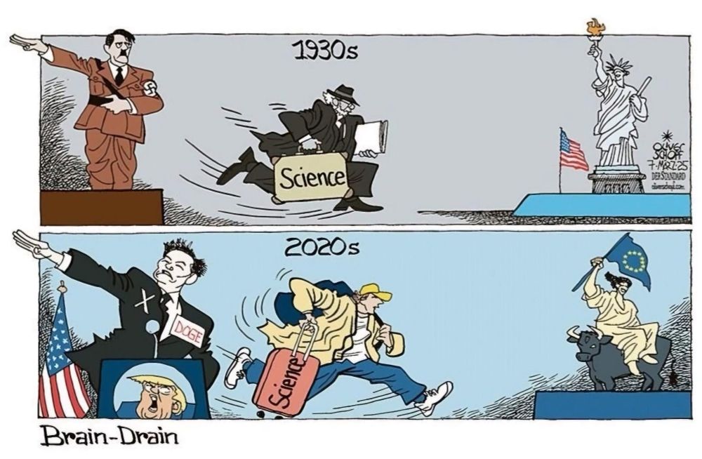 Political cartoon showing science fleeing to Europe from USA