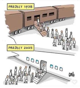Political cartoon showing people boarding cattle cars in 1938 compared to people being deported on planes in 2025.